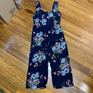 BOG Collective Navy Blue Floral Wide Leg Jumpsuit Tank Pants Women's‎ Size Large